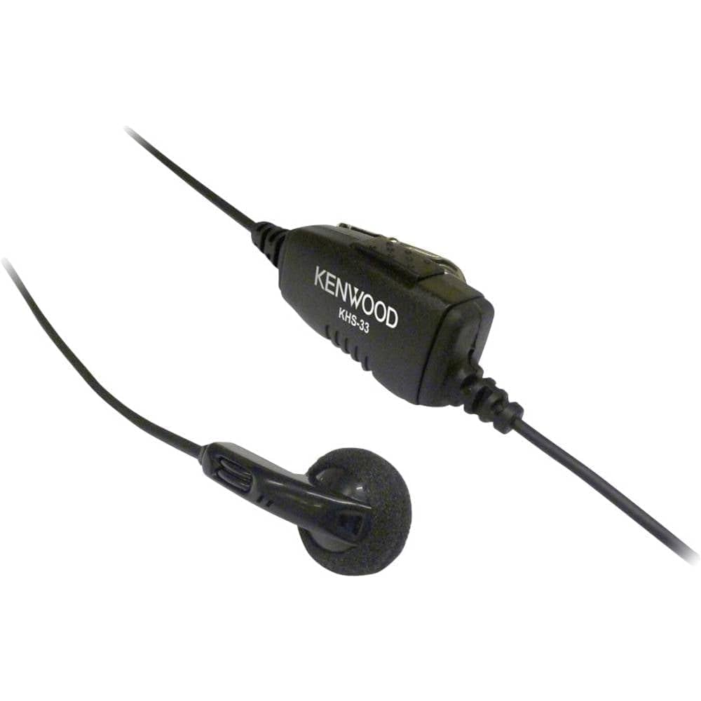 Product shot of the black Kenwood KHS-33 lightweight earbud headset, showing the foam-cushioned earpiece and the in-line microphone with PTT button, designed exclusively for Kenwood PKT-23 radios.