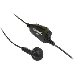 Product shot of the black Kenwood KHS-33 lightweight earbud headset, showing the foam-cushioned earpiece and the in-line microphone with PTT button, designed exclusively for Kenwood PKT-23 radios.